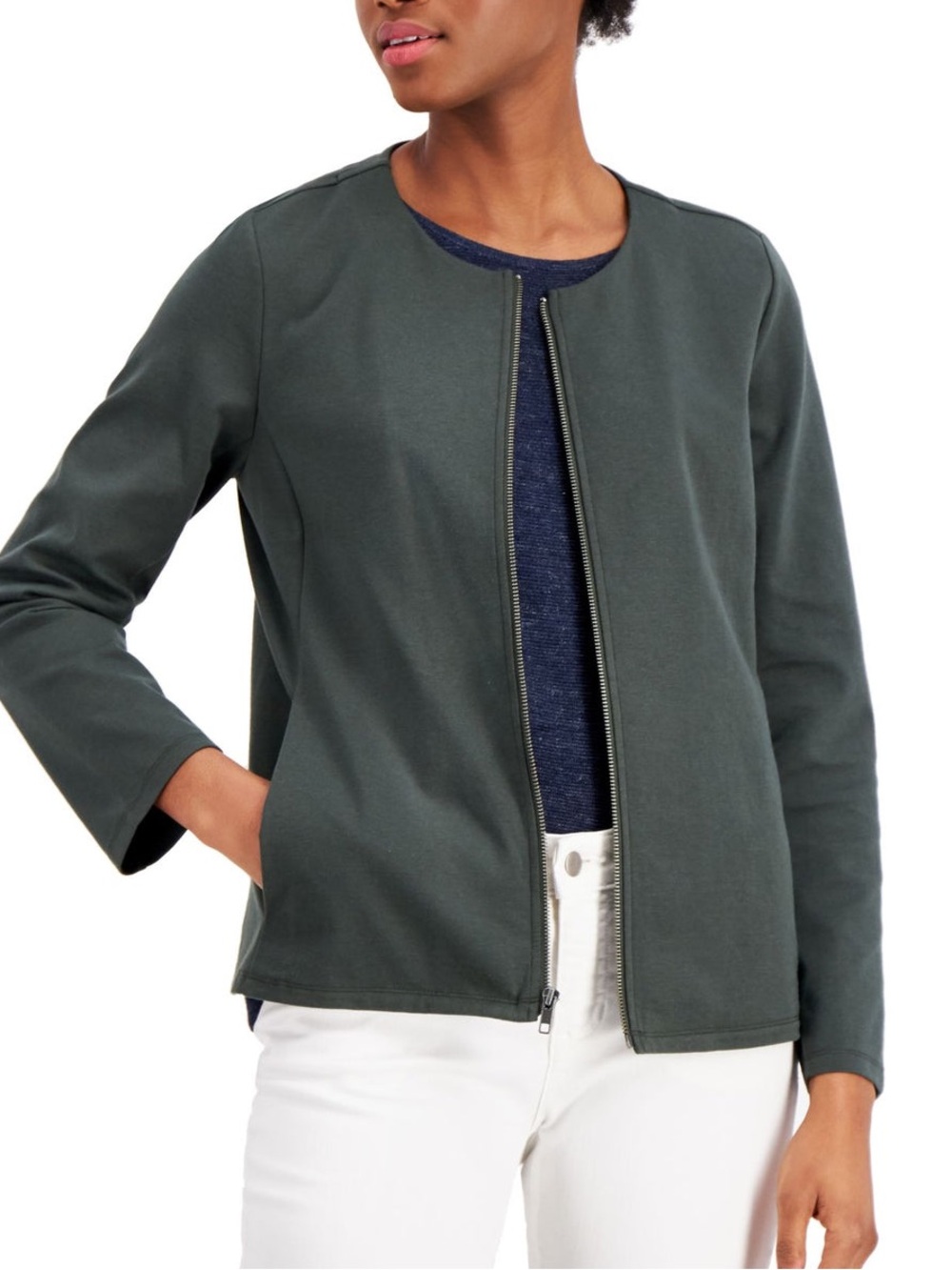 Eileen Fisher Green Pocketed Long Sleeve Jewel Neck Wear To Work Zip Up Jacket